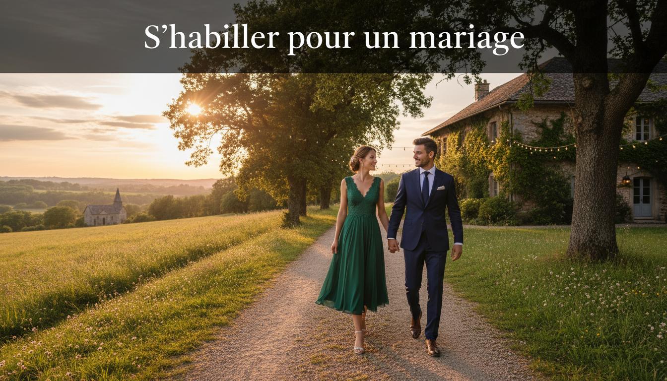 Invitée en robe longue fleurie vaporeuse dans une prairie de fleurs sauvages avec l'inscription manuscrite Style Champêtre Chic.