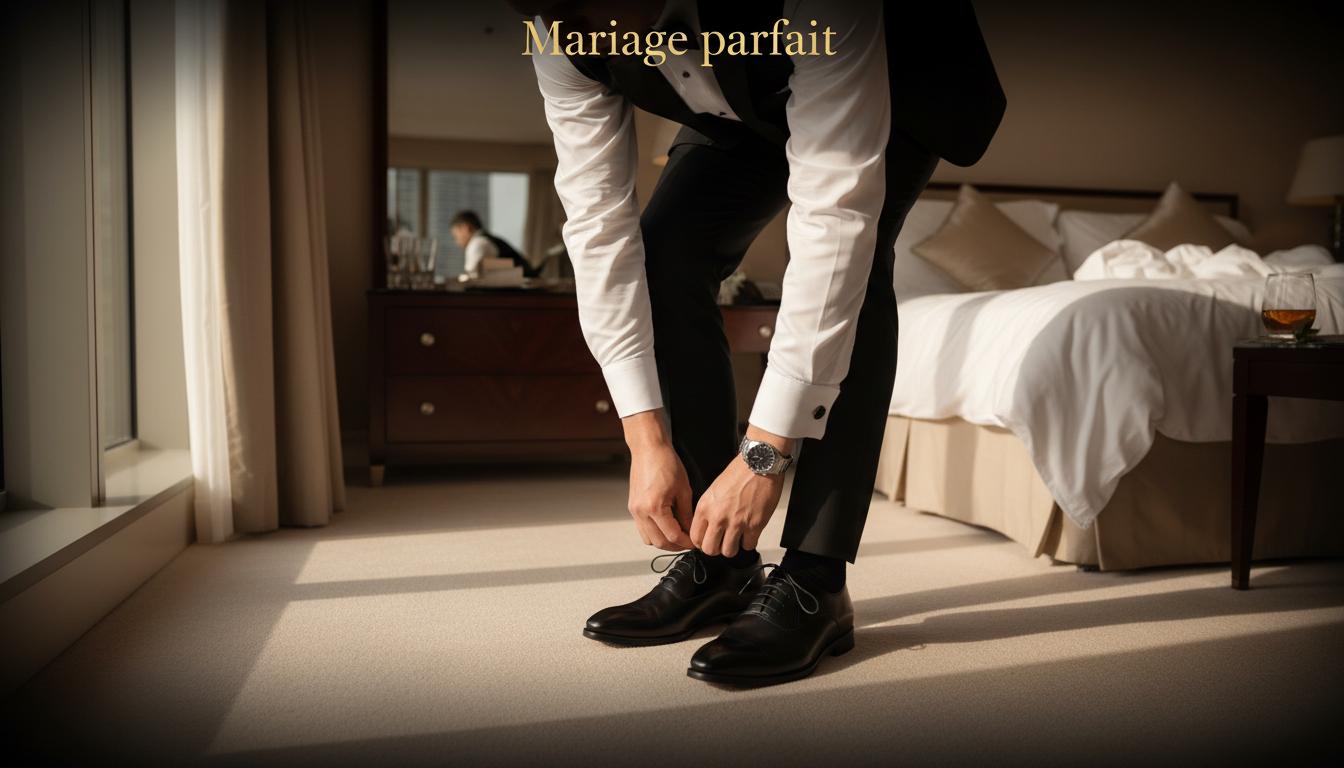 Soulier Richelieu Oxford Finsbury en cuir noir lisse sur un socle en bois verni avec l'inscription L'élégance absolue.