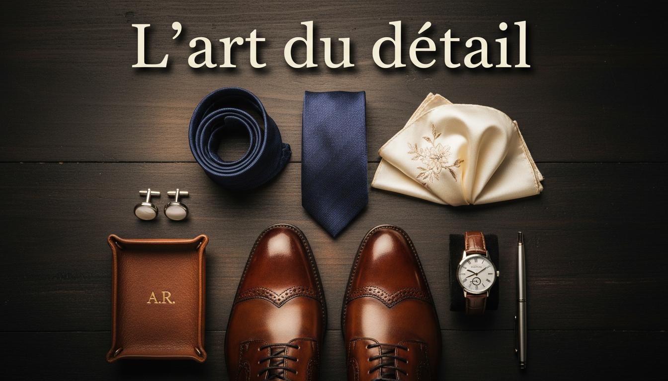 Composition à plat d'accessoires de mariage pour homme avec chaussures Oxford, montre mécanique, cravate en soie et texte L'art du détail.