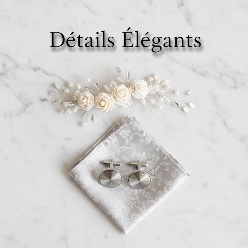 Accessoires de mariage de luxe avec pochette en soie, fascinateur et boutons de manchette