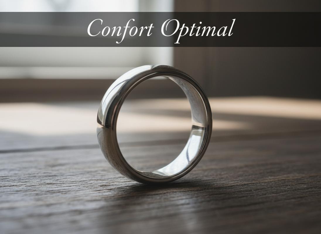 Macro d'une alliance en argent inclinée révélant son intérieur arrondi ergonomique sur une table en bois, avec l'inscription Confort Optimal.