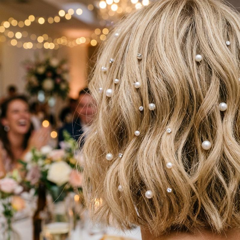 Carré blond aux ondulations floues agrémenté de perles blanches et de strass brillants avec un arrière-plan de mariage aux guirlandes lumineuses.