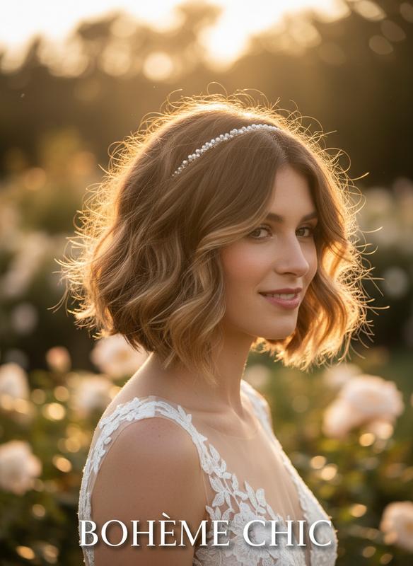 Portrait d'une mariée dans un jardin ensoleillé arborant un carré dégradé wavy avec le texte élégant Bohème Chic.