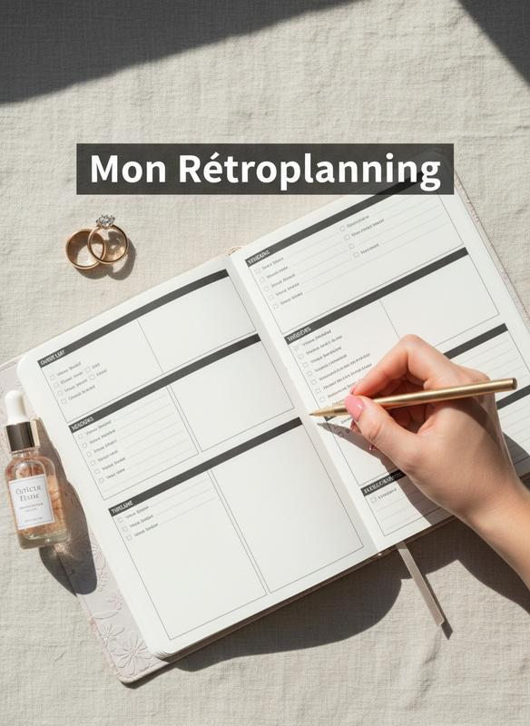 Main avec manucure rose cochant une checklist dans un carnet de mariage à côté d'alliances et d'huile à cuticules.