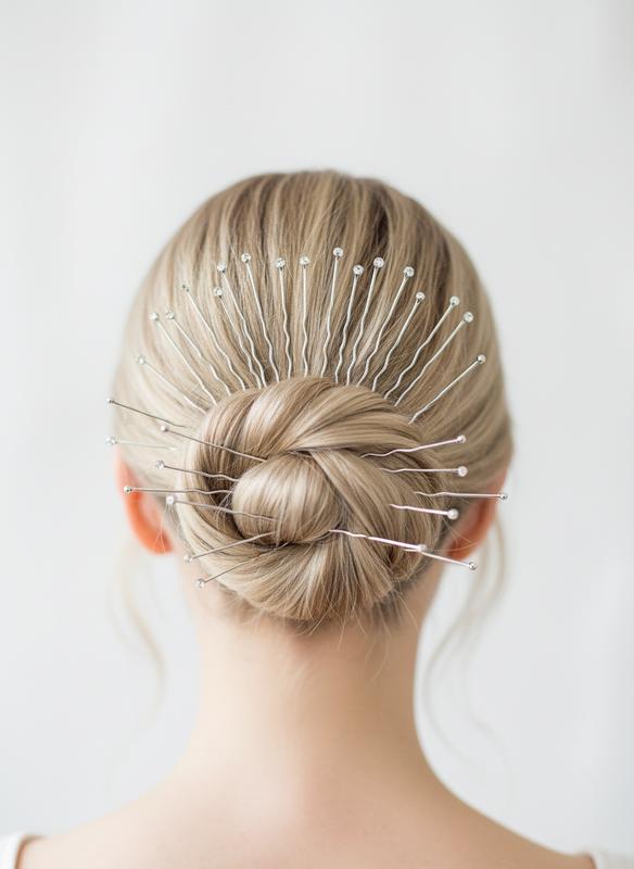 Un chignon banane élégant pour mariée est réalisé sur des cheveux courts et fixé verticalement avec des épingles argentées dans un studio de photographie.