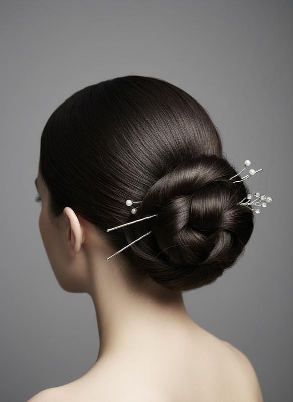 Femme vue de profil et de dos avec chignon banane miniature lisse sur cheveux courts, fixé par épingles sous éclairage studio.