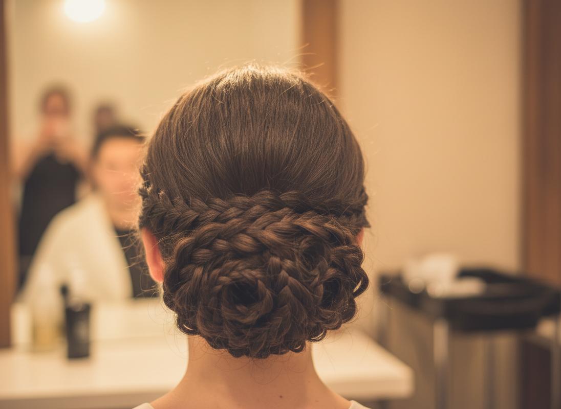 Vue arrière d'une femme avec un chignon bas tressé sophistiqué créant une illusion de longueur sur des cheveux courts dans un studio de coiffure.
