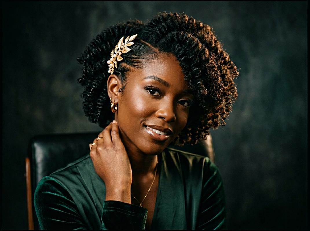 Femme noire aux cheveux crépus courts dont un côté est plaqué par des torsades avec une barrette feuille d'or, contrastant avec des boucles naturelles définies.