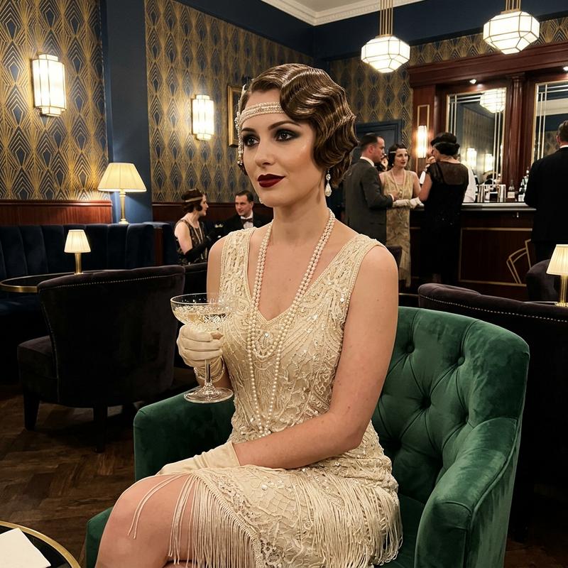 Femme coiffée d'un carré court aux crans sculptés et luisants, vêtue d'une robe en dentelle vintage dans un décor luxueux de style art déco.