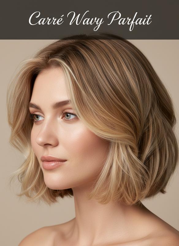 Femme aux cheveux blonds arborant un carré court aux ondulations souples et texturées, texte élégant Carré Wavy Parfait en surimpression.
