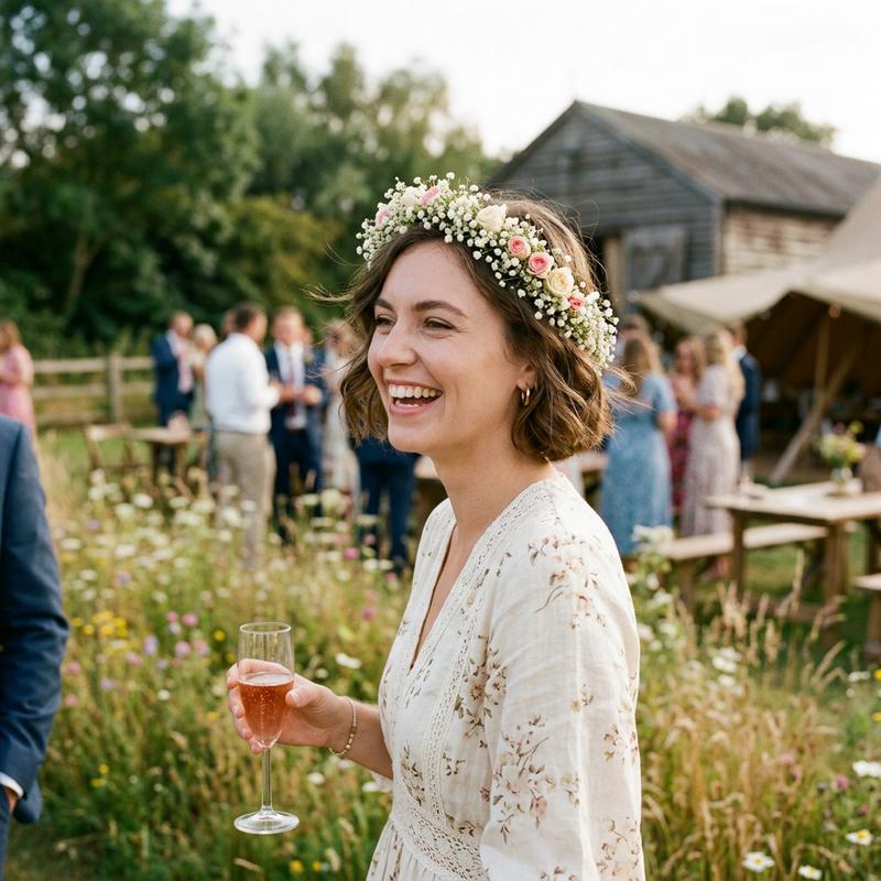 Une invitée arborant une coupe courte naturelle rehaussée d'un bandeau délicat composé de gypsophile et de petites roses roses dans une prairie ensoleillée.