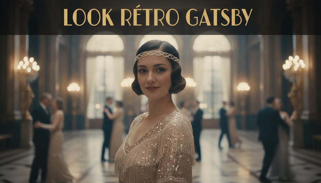 Femme avec carré court ondulé brillant style années 1920 et bandeau de perles dans une salle de bal vintage ambiance Gatsby.