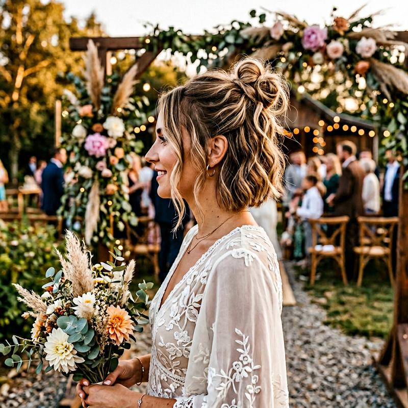 Femme de profil avec carré plongeant asymétrique coiffé d'un demi-chignon flou et ondulations légères dans un décor champêtre au soleil couchant.
