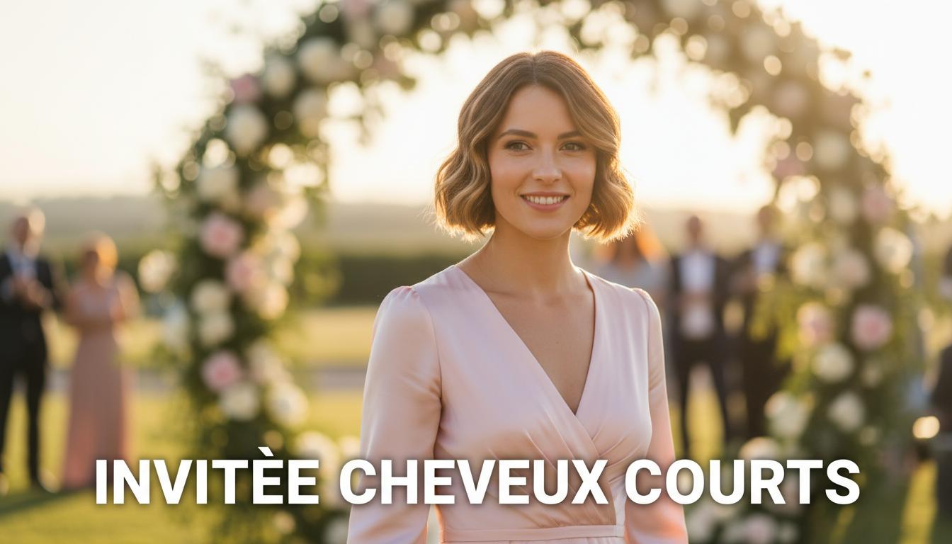 Femme souriante au carré court ondulé en robe de soie pastel lors d'un mariage, avec l'inscription Invitée Cheveux Courts.
