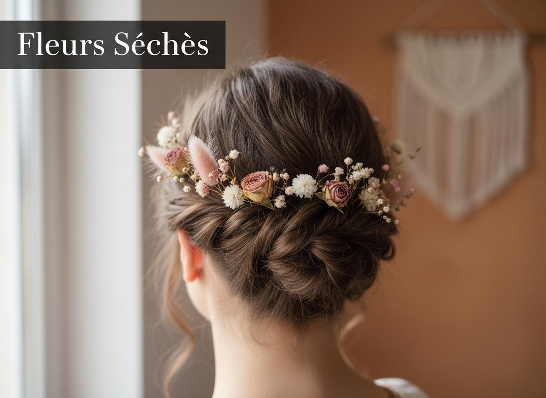 Arrière d'une coiffure courte torsadée ornée de fleurs séchées crème et rose poudré, avec texte superposé Fleurs Séchées.