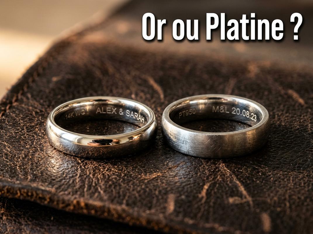 Deux alliances en or blanc poli et platine brossé posées sur du cuir sombre avec l'inscription Or ou Platine ?