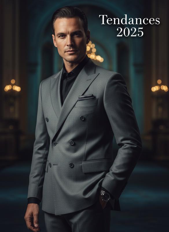 Homme confiant portant un costume croisé anthracite six boutons à coupe ajustée, avec le texte Tendances 2025 en surimpression.