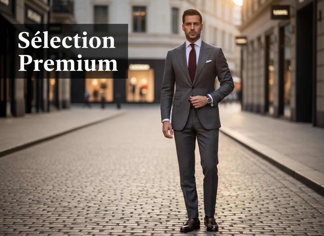 Homme élégant en costume Hugo Boss gris anthracite ajusté dans un quartier urbain chic, avec le texte Sélection Premium en surimpression.