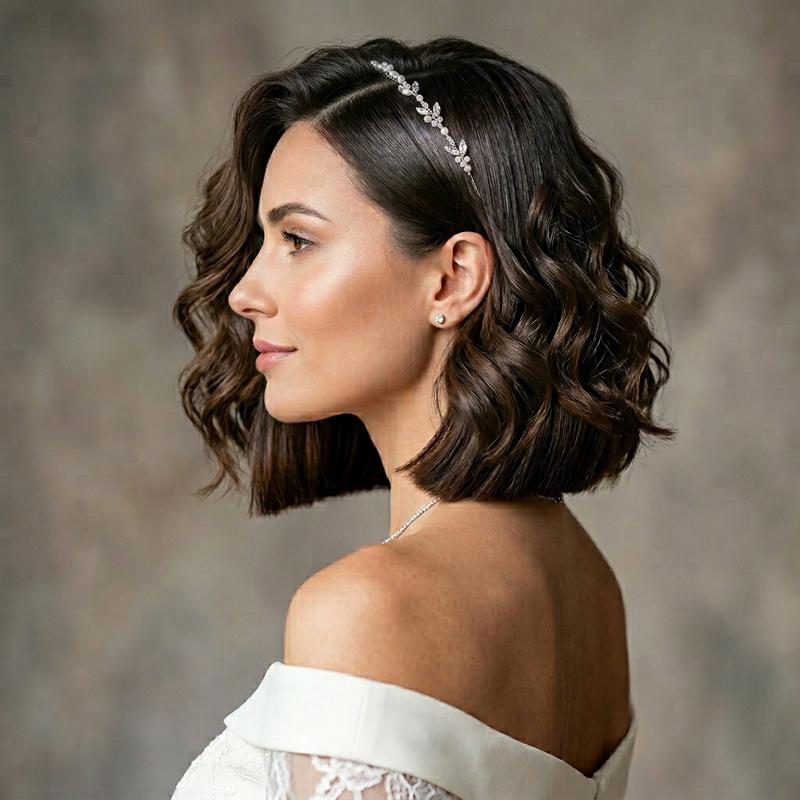 Mannequin de profil présentant un carré italien ultra-lisse et brillant aux pointes nettes dans un style nuptial haute couture sur fond neutre.