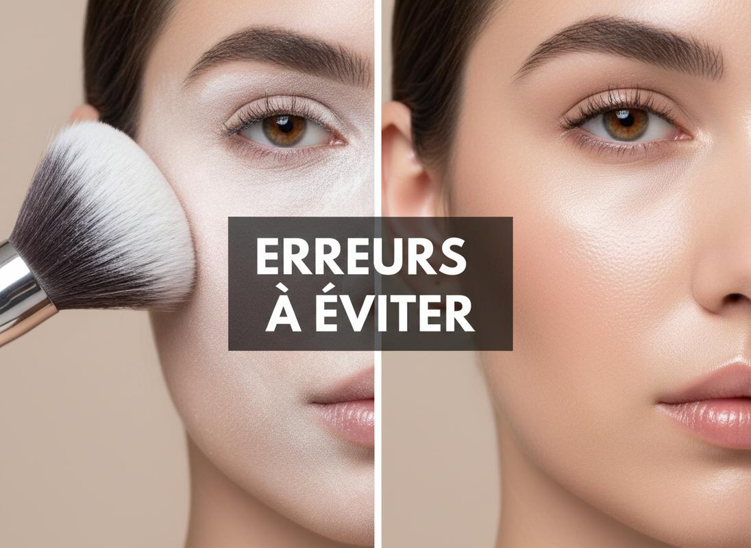 Écran divisé montrant un excès de poudre blanche sur une joue et un teint frais lumineux avec le texte Erreurs à Éviter.