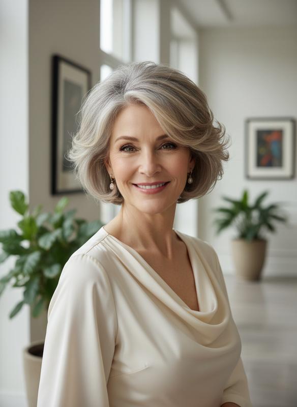 Femme élégante de cinquante ans portant une robe en soie et arborant une coupe courte dégradée au brushing volumineux et souple dans un intérieur lumineux.