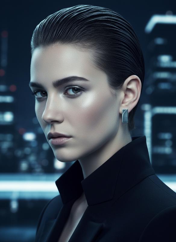 Une femme à la coupe pixie coiffée vers l'arrière avec un effet mouillé brillant et des lignes précises sous un éclairage moderne froid.