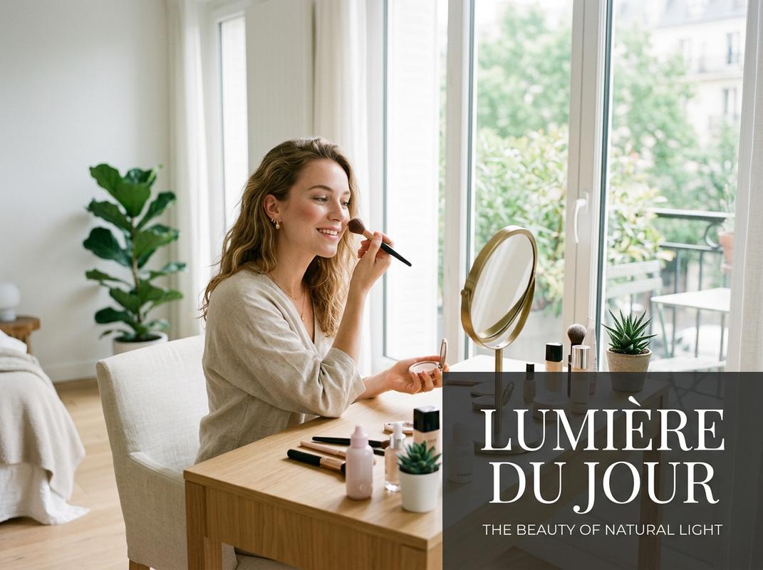 Femme appliquant son maquillage face à une fenêtre baignée de lumière naturelle douce avec l'inscription textuelle Lumière du Jour en surimpression.