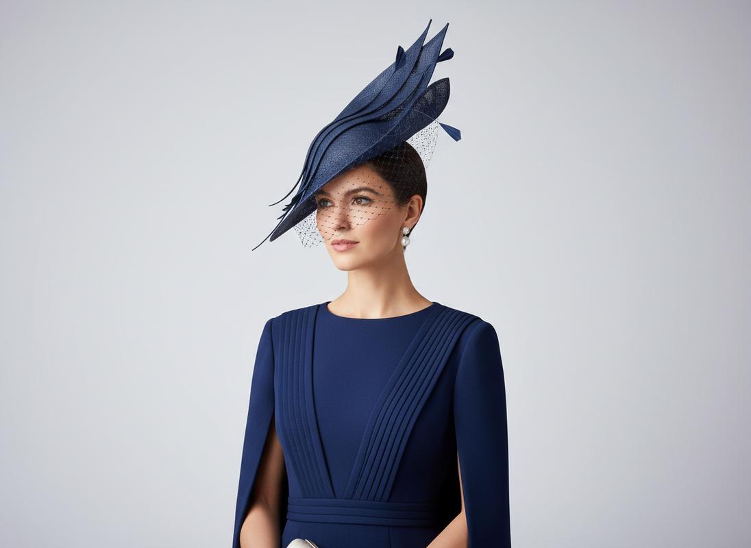 Une femme élégante à la coupe pixie très courte et soignée porte un bibi sculptural bleu marine muni d'une fine voilette sur un fond gris clair.