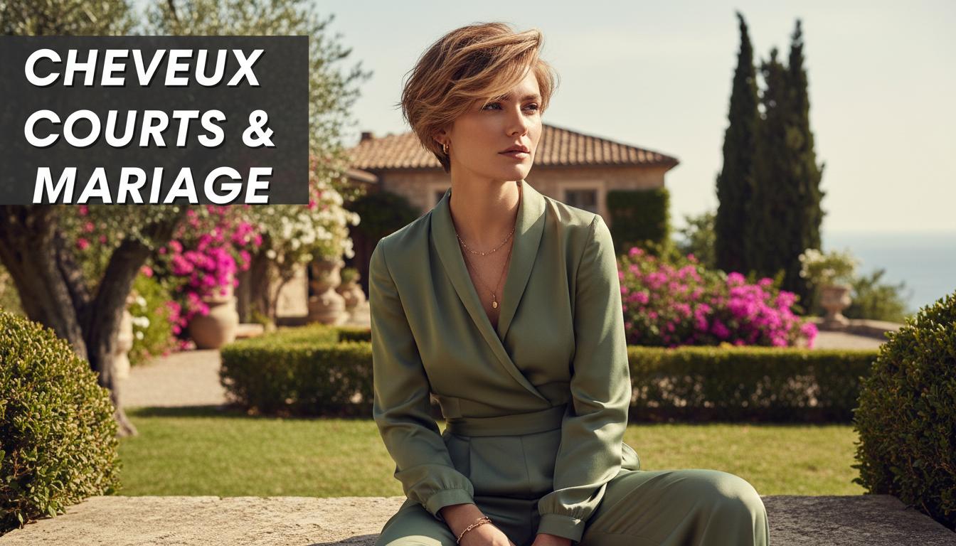 Une femme élégante arborant une coupe pixie courte pose dans un jardin méditerranéen ensoleillé avec l'inscription Cheveux Courts et Mariage.