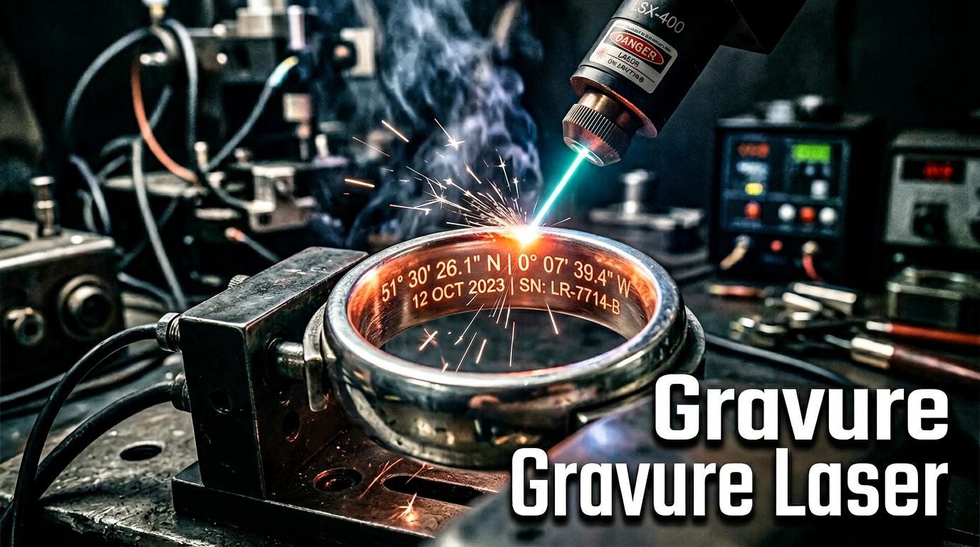 Faisceau laser précis gravant des coordonnées sur l'intérieur d'une bague en argent avec étincelles et texte Gravure Laser.