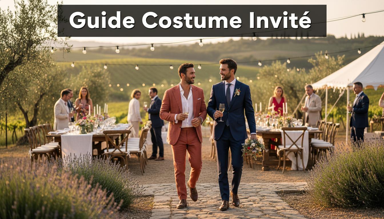 Deux hommes élégants en costumes terracotta et bleu marine marchant dans un jardin de mariage en Toscane sous une lumière dorée naturelle.