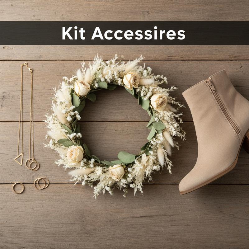 Couronne de fleurs séchées, bijoux dorés fins et bottines en daim beige sur une table en bois rustique avec l'inscription Kit Accessoires.