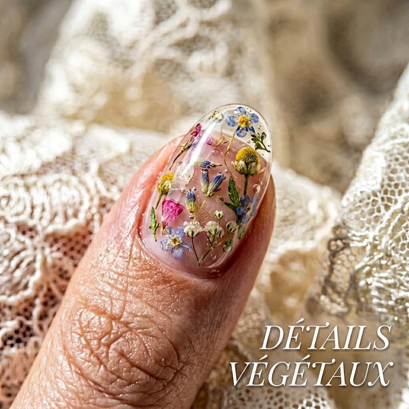 Gros plan sur une manucure aux fleurs séchées encapsulées dans un gel brillant avec l'inscription Détails Végétaux.