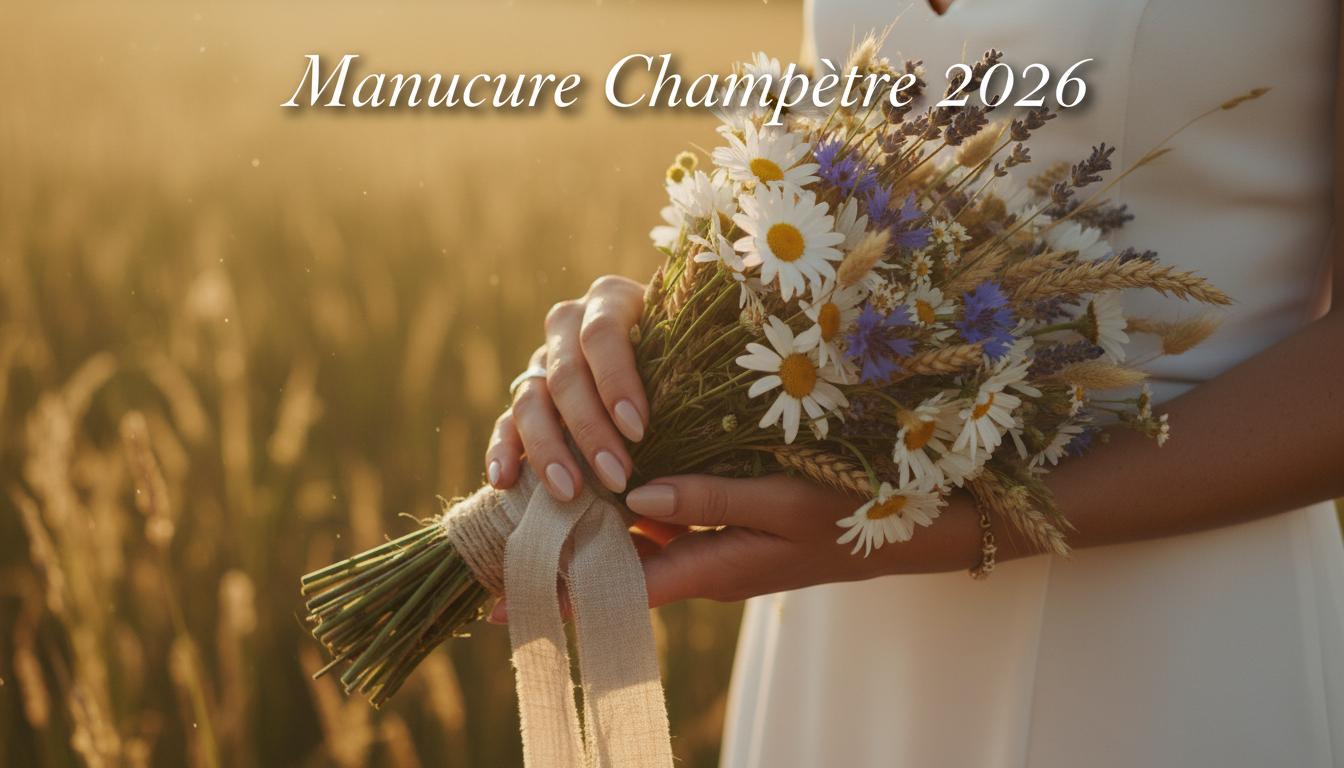 Mains d'une mariée tenant un bouquet de fleurs sauvages, révélant une manucure nude amande avec l'inscription Manucure Champêtre 2026.