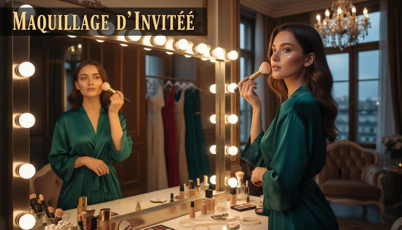 Femme élégante appliquant du blush devant un miroir de courtoisie lumineux avec le texte Maquillage d'Invitée.