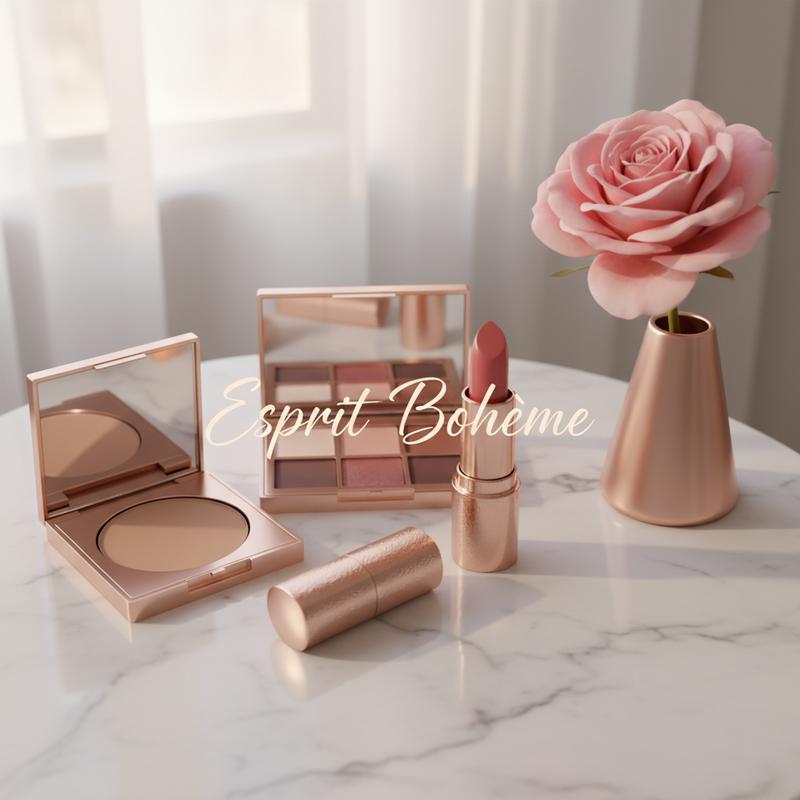 Produits de maquillage de luxe or rose sur une coiffeuse en marbre blanc avec une rose rose et l'inscription calligraphiée Esprit Bohème.