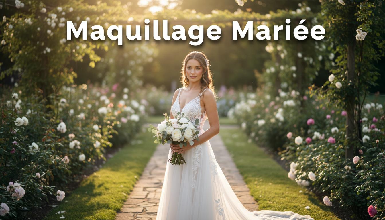 Mariée rayonnante arborant un maquillage naturel et élégant dans un jardin baigné de soleil, avec l'inscription Maquillage Mariée.