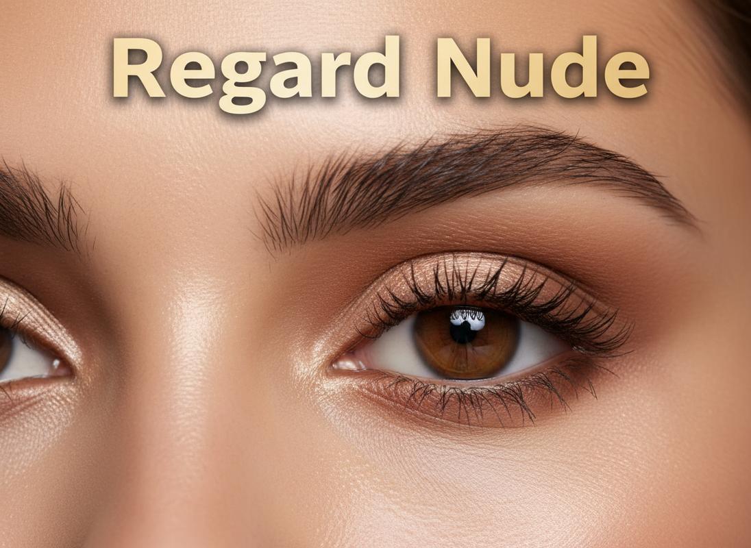 Gros plan macro sur un regard aux yeux marrons avec maquillage champagne et taupe et inscription Regard Nude.