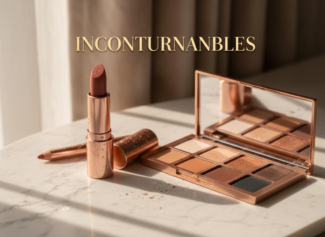 Rouge à lèvres or rose et palette de fards à paupières bronze sous une lumière douce avec le texte Incontournables.