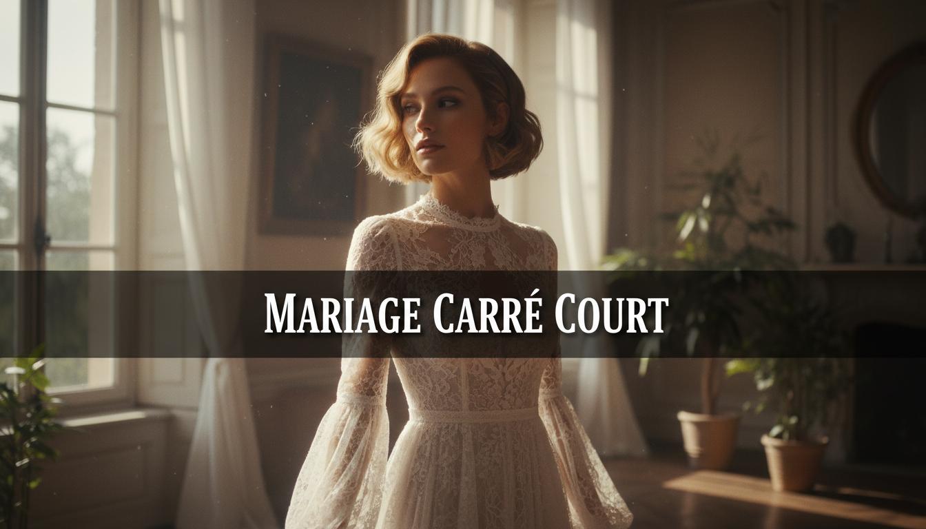 Mariée élégante avec une coupe au carré court et robe en dentelle sous une lumière matinale douce, avec l'inscription Mariage Carré Court.