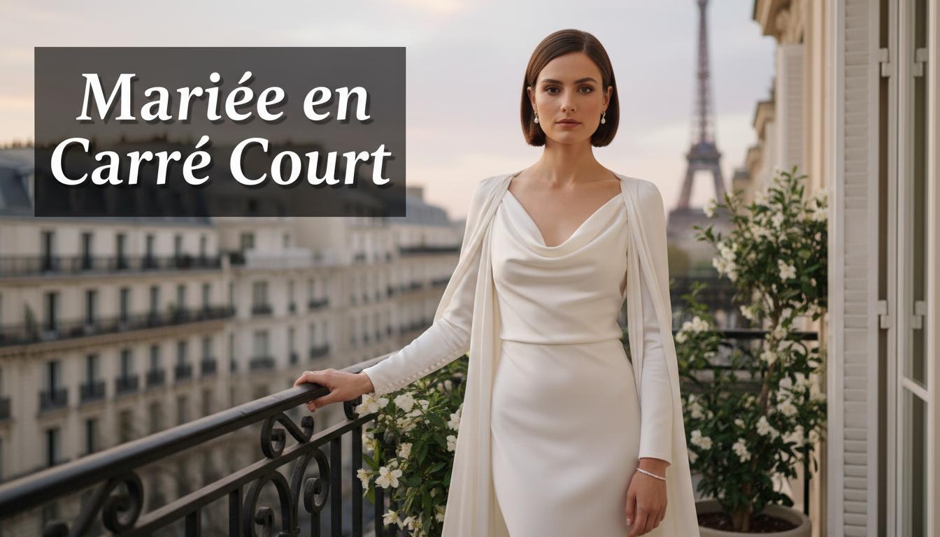 Une mariée élégante arborant une coupe au carré court et une robe de soie pose sur un balcon parisien sous le texte Mariée en Carré Court.