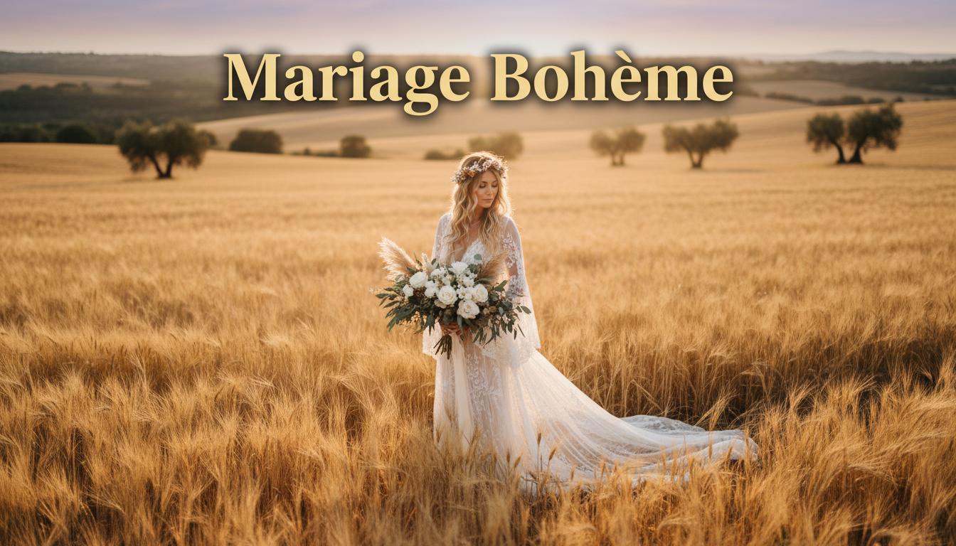 Mariée en robe de dentelle fluide dans un champ de blé doré au coucher du soleil, texte Mariage Bohème en surimpression.