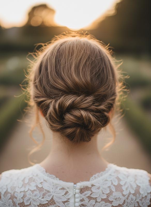 Vue de dos d'un mini chignon texturé et flou positionné au ras de la nuque sur des cheveux courts avec quelques mèches libres et un col de robe de mariée flou.