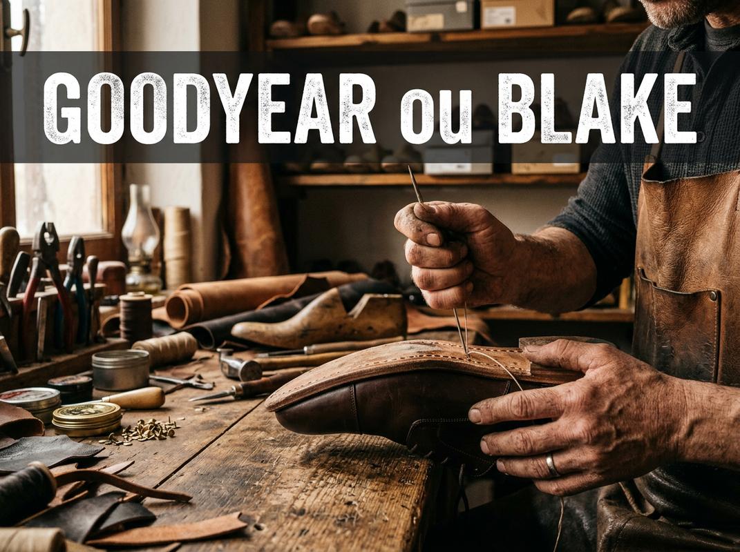 Bas d'un pantalon de costume bleu marine et souliers en cuir cognac sur une rue pavée avec l'inscription Bleu et Cognac.