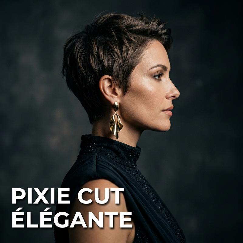 Portrait de profil d'une femme à la coupe pixie texturée et volumineuse, boucles d'oreilles métalliques et robe de soirée avec texte Pixie Cut Élégante.