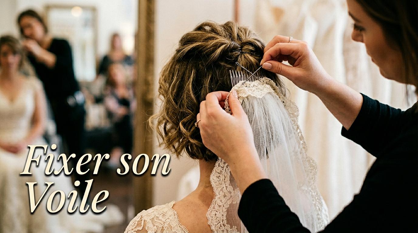 Des mains de coiffeur fixent un voile de mariée sur un carré court à l'aide d'épingles invisibles avec le texte Fixer son Voile en superposition.