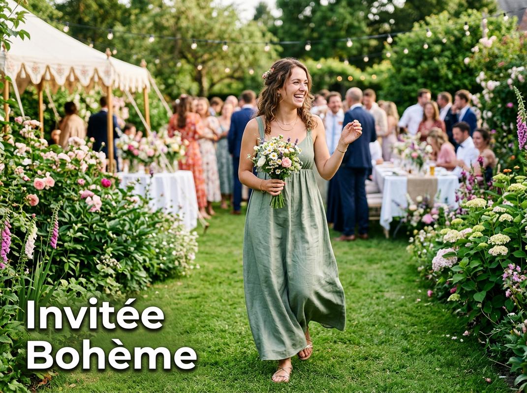 Invitée souriante en robe empire vert sauge fluide marchant dans un jardin ensoleillé avec l'inscription Invitée Bohème.