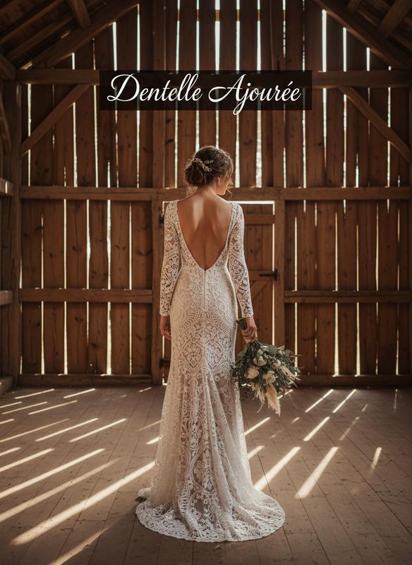 Mariée de dos portant une robe Elsa Gary en dentelle ajourée au dos nu plongeant dans une grange rustique baignée de lumière naturelle.