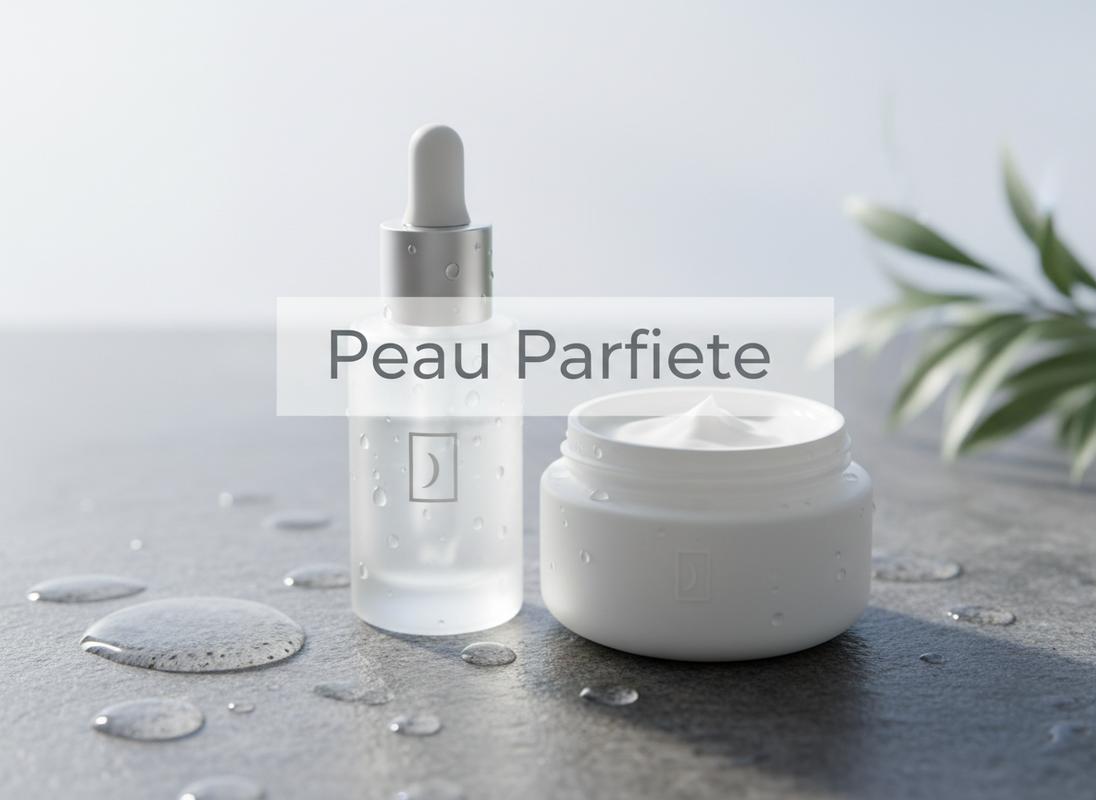 Sérum et crème hydratante sur une pierre humide avec des gouttes d'eau sous une lumière douce et le texte Peau Parfaite.