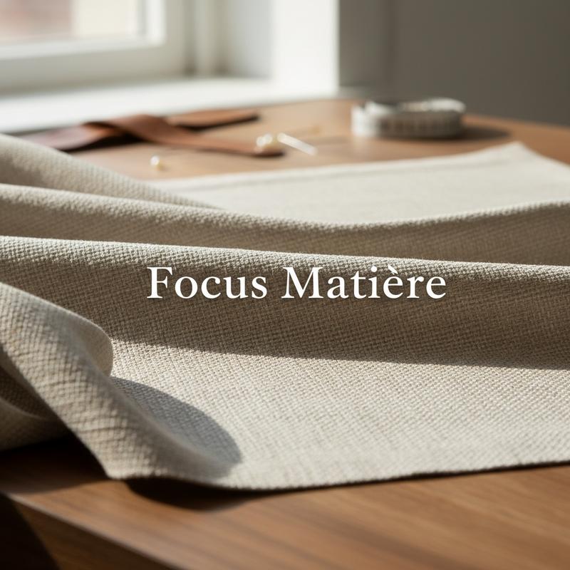 Macro-photographie d'un mélange lin et soie beige clair drapé sur une table de tailleur avec l'inscription Focus Matière.